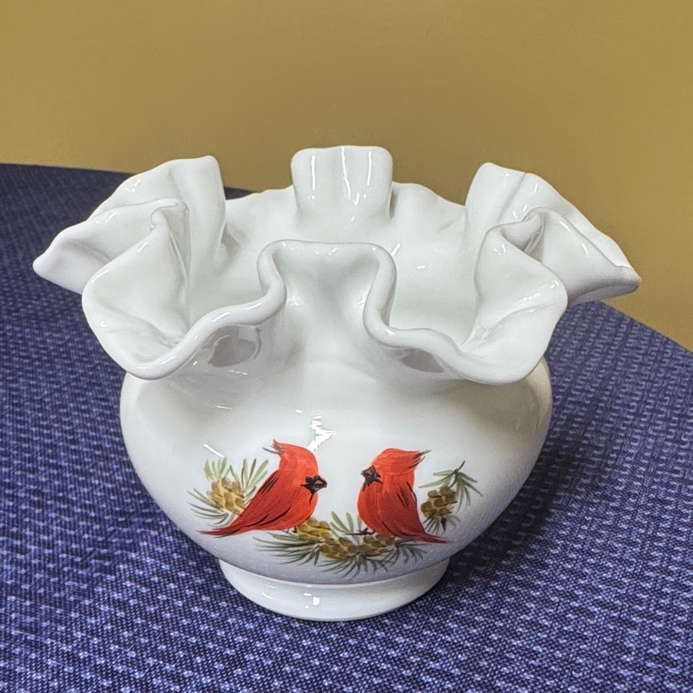 Fenton White Milk Glass Rose Bowl Vase with Hand Painted Cardinal Bird Signed